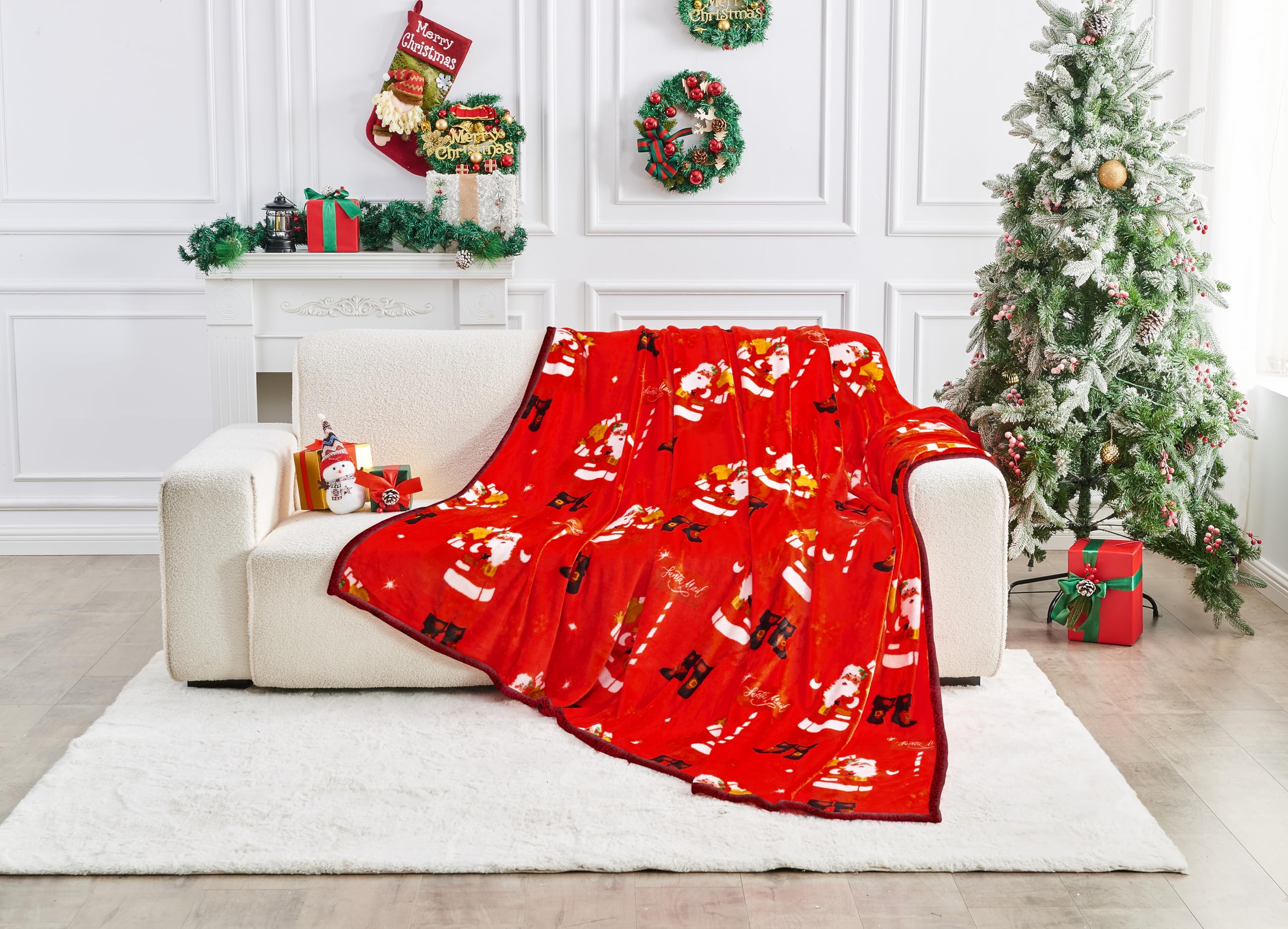 GC GAVENO CAVAILIA Santa Christmas Fleece Blanket - Soft Fluffy Sherpa Throw Blanket for Sofa, Bed & Couch - Warm Winter Thick Faux Fur Throws (200x240 cm) - Extra Large Xmas Blanket & Adults