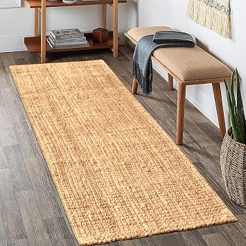 Hand Woven 100% Jute Area Rug, Bohemian, Rustic, Easy Clean Tightly Woven Natural Fiber Jute Rug, Non-Slip, Ideal for High Traffic Areas in Bedroom, Living Room, Office, 25" x 9, Natural