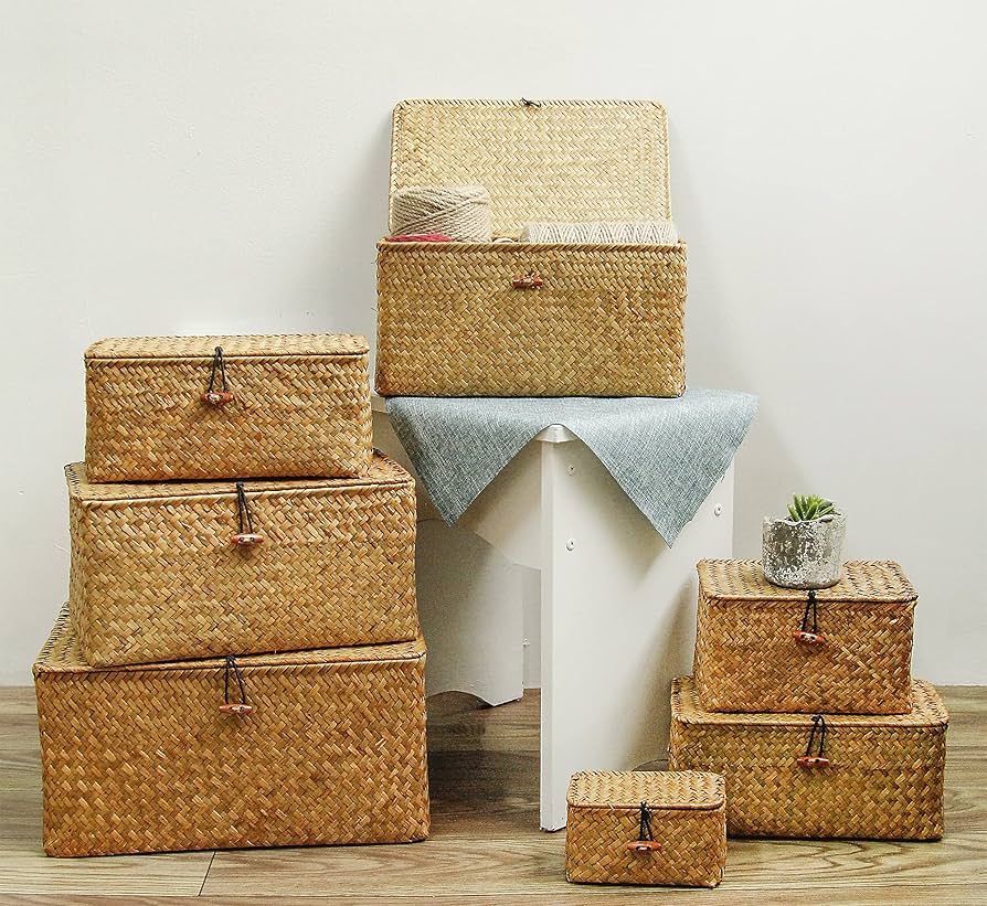 Feilanduoshelf Baskets With Lid Set Of 3 Handwoven Seagrass Storage | INDIA