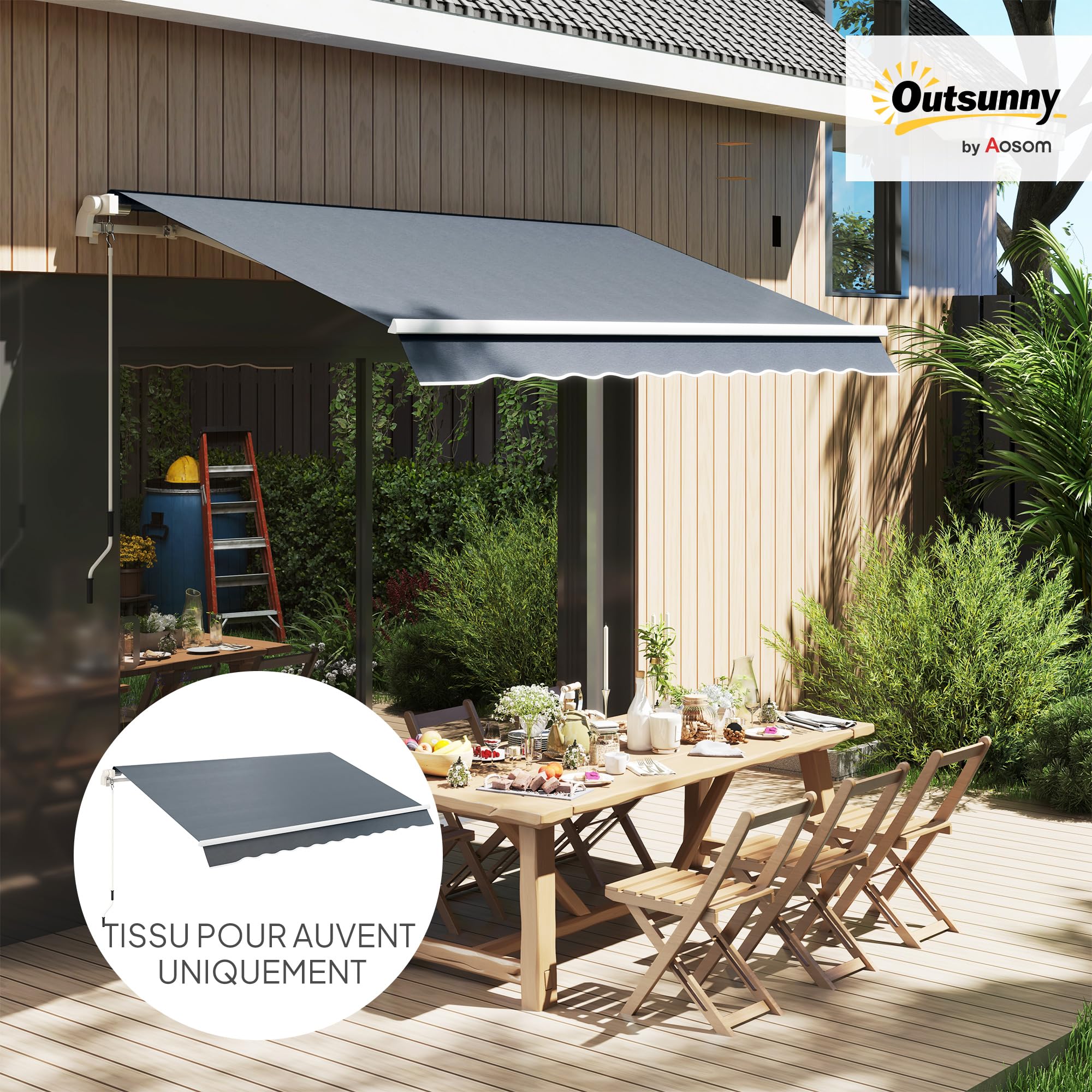 Outsunny Toile de Rechange Store Banne Compatible 4 x 3 m Gris | Toile de Remplacement pour Store avec Lambrequin, Déperlante, Tissu En Polyester Haute Densité 280 g/m², Anti-UV