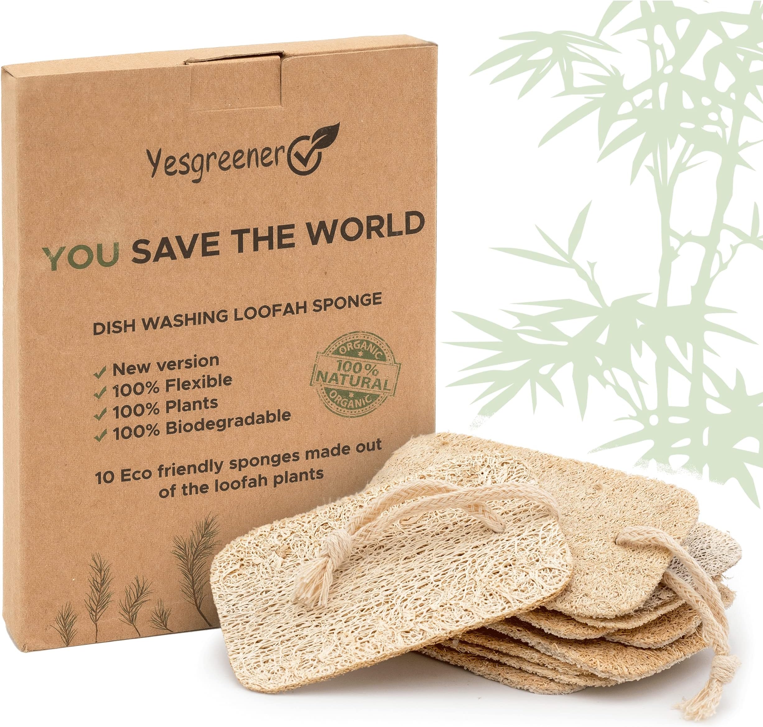 Pack of 10 Yesgreener™✮ French Brand Kitchen Sponges in Loofah | Washable & Reusable | 100% Compostable | Zero Waste Sponge for Dish and Shower | Natural Ecology Loofah Sponge | Preserve the Planet