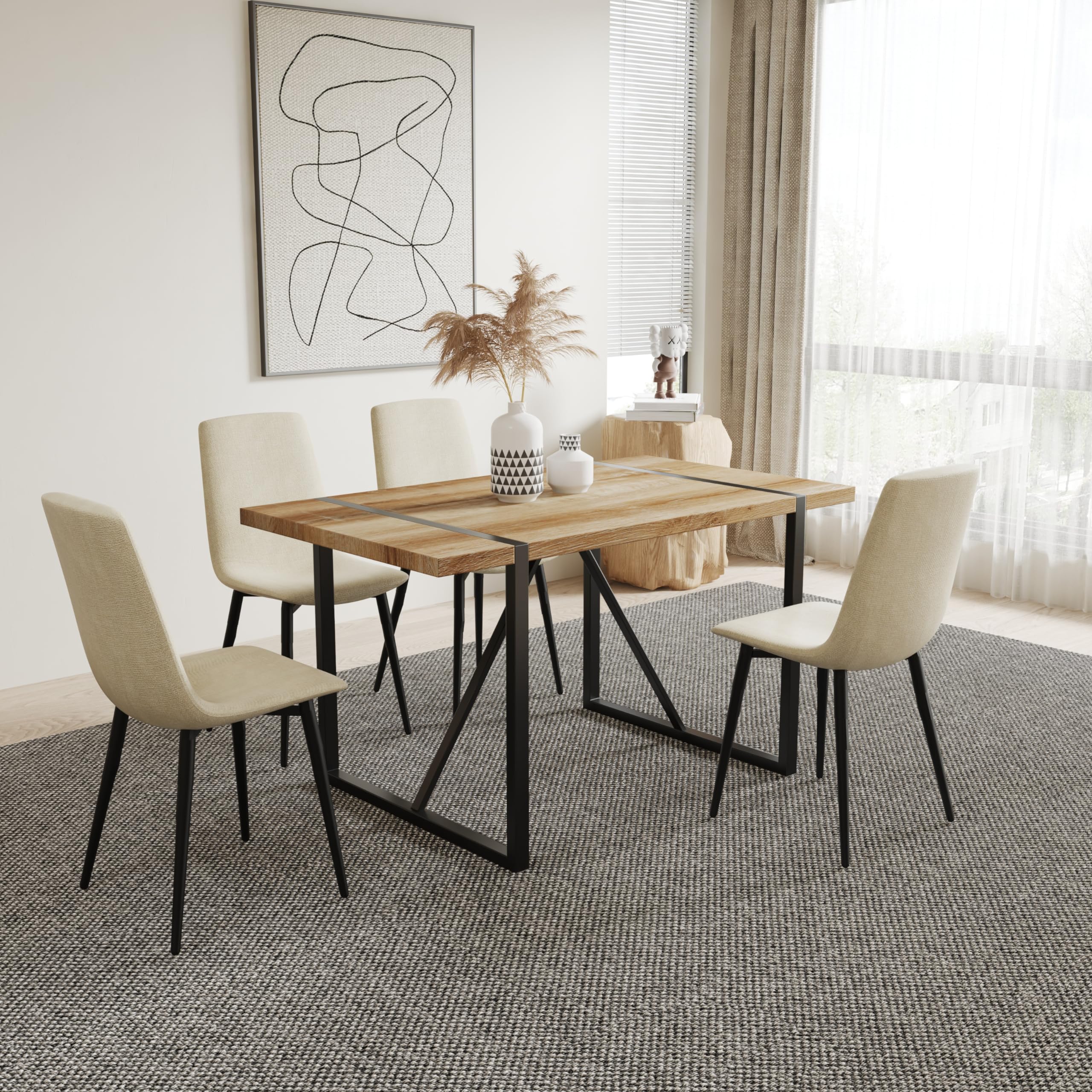YYQ Dining Table Set for 4, 55'' Wooden Kitchen Table and Chair s Set for 4, Modern 5 Piece Dining Table Set with 4 Fabric Dining Chairs and MDF Table