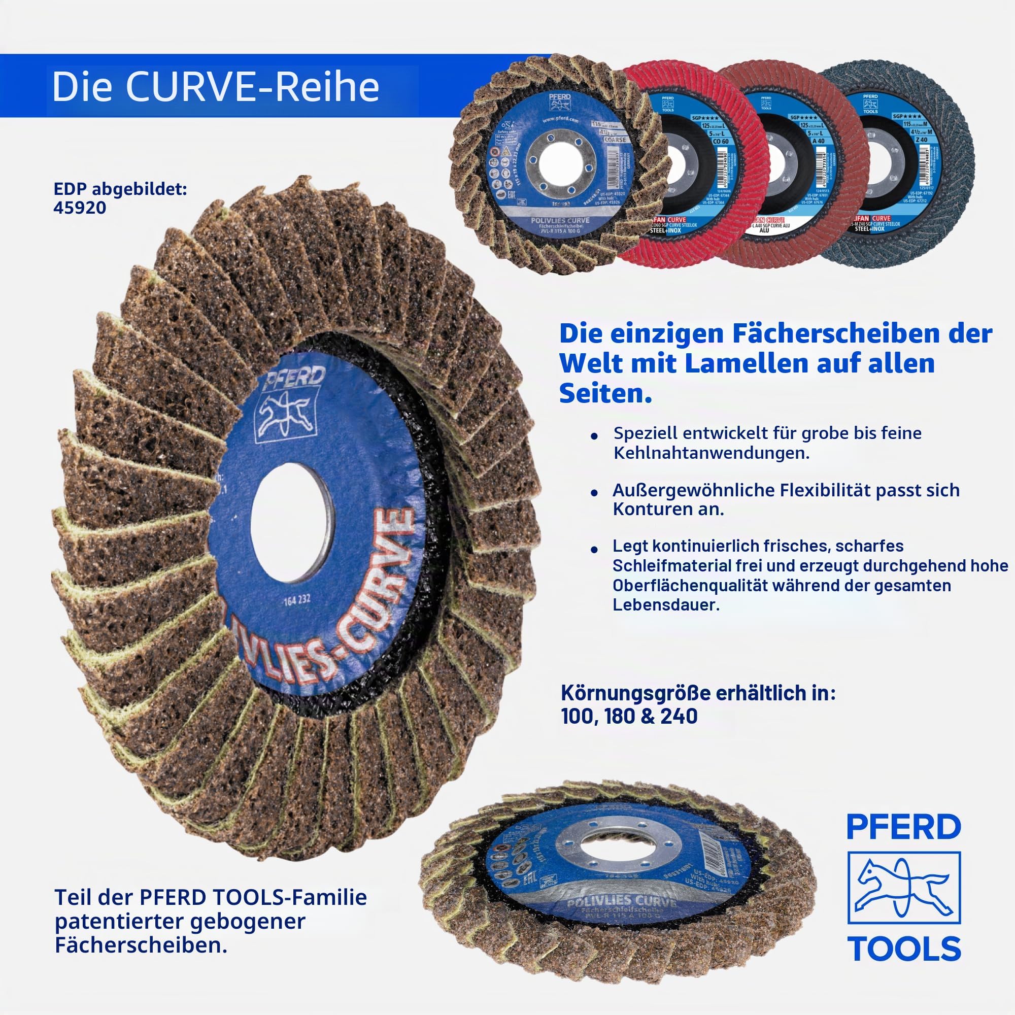 PFERD 67344 Polifan PFR Curve Radial-Typ Fächerscheibe, Keramikoxid, 12,7 cm Durchmesser, 2,2 cm Dornloch, 12200 U/min, Körnung 60