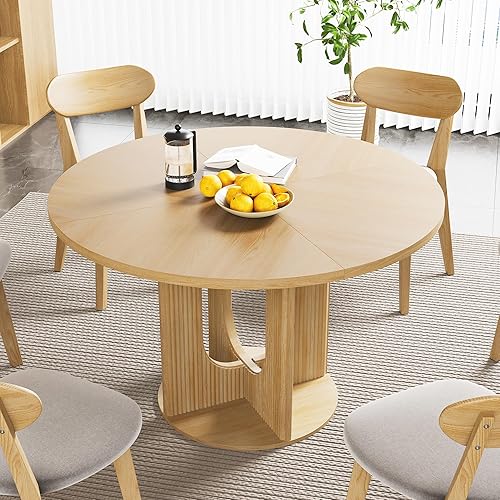 Miniatura 9 de Mesa de comedor redonda campestre con nervaduras para 4, mesa de cocina circular de 47 pulgadas con base de pedestal de madera, mesas de cena para