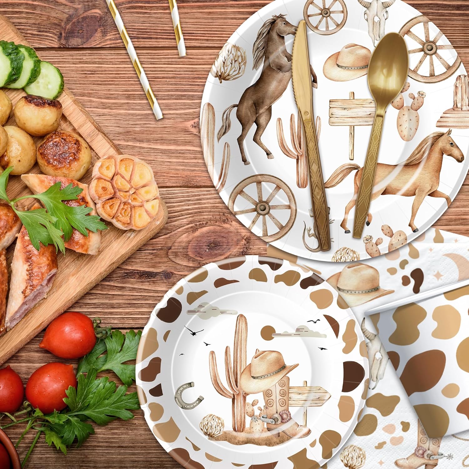 APOWBLS Western Cowboy Party Decorations Dinnerware - Wild West Party Supplies, Paper Plate, Cup, Napkin, Fork, Western Cowboy Rodeo Theme Birthday Baby Shower Decorations Tableware | Serve 24 Guests - Image 6
