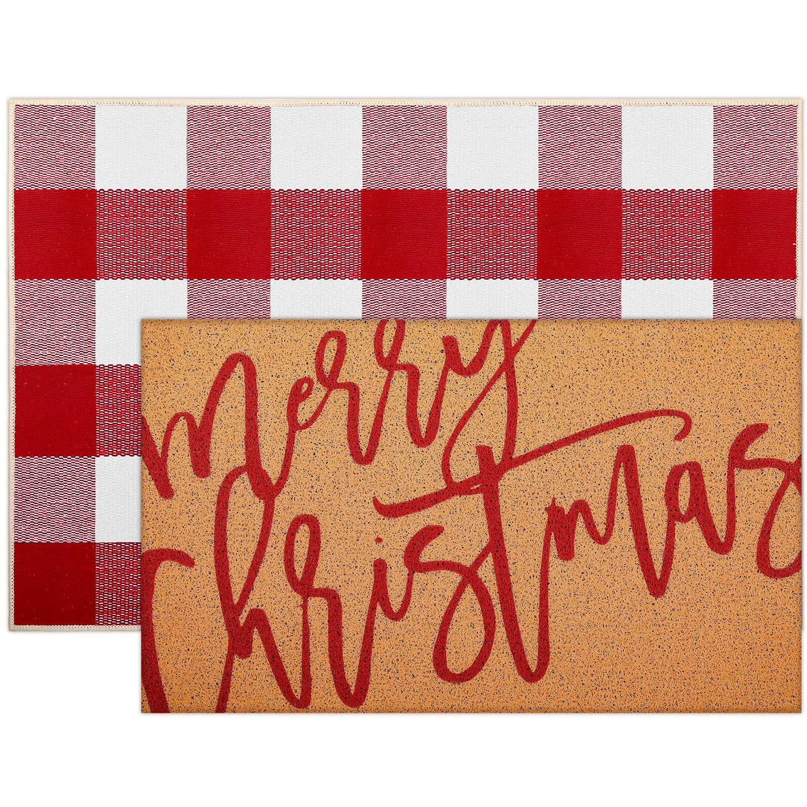 Tinideya 2 Pcs Christmas Door Mat Xmas Welcome Non Slip Coir Mats Merry Christmas Red White Buffalo Plaid Floor Layering Doormats Seasonal for Front