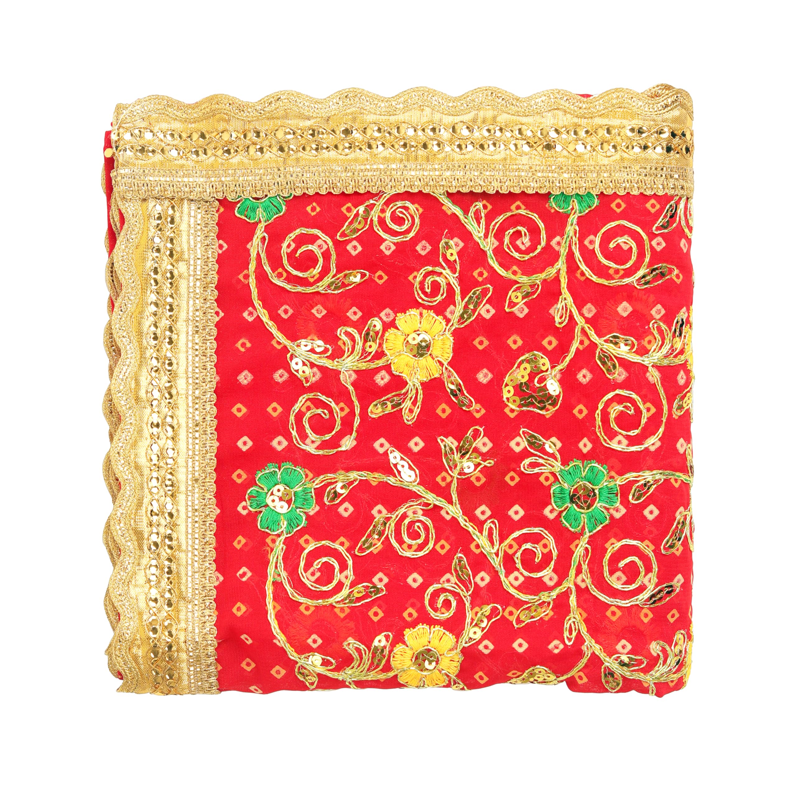Decorative Mat Aasan Chunari Backdrop Artificial Silk Pooja Cloth Chunari Chunni Indian Traditional New Year Festival MATA Ki Chunri for Statue Chowki Aasan Mat(Size:- 38 Inches x 36 Inches)(Red)