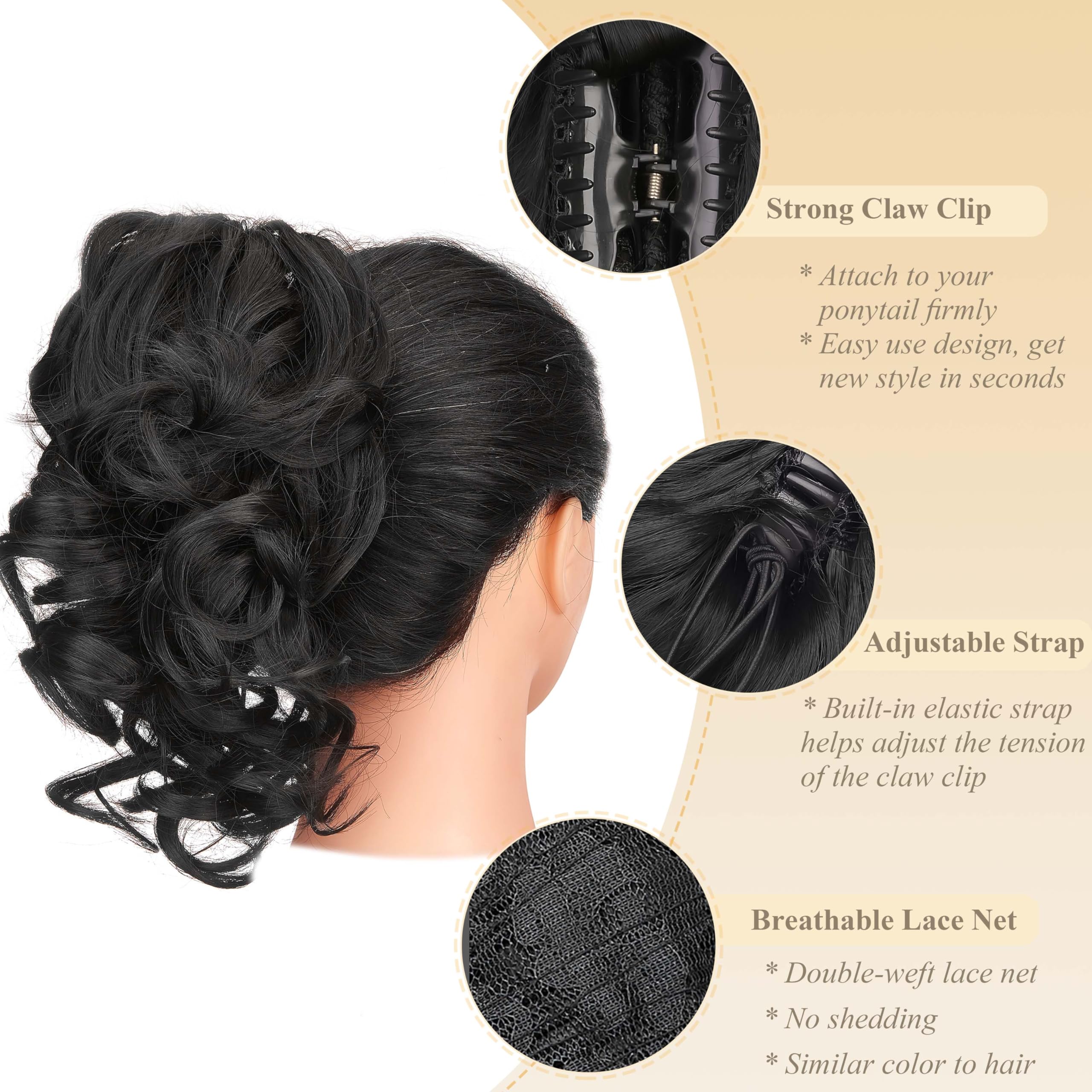 Gairyan 12" Clip in Ponytail Hair Extensions Curly Ponytail Extension Claw on Pony tails Wavy Synthetic Hairpieces for Women Real Look Short Wave (Black) - Image 3
