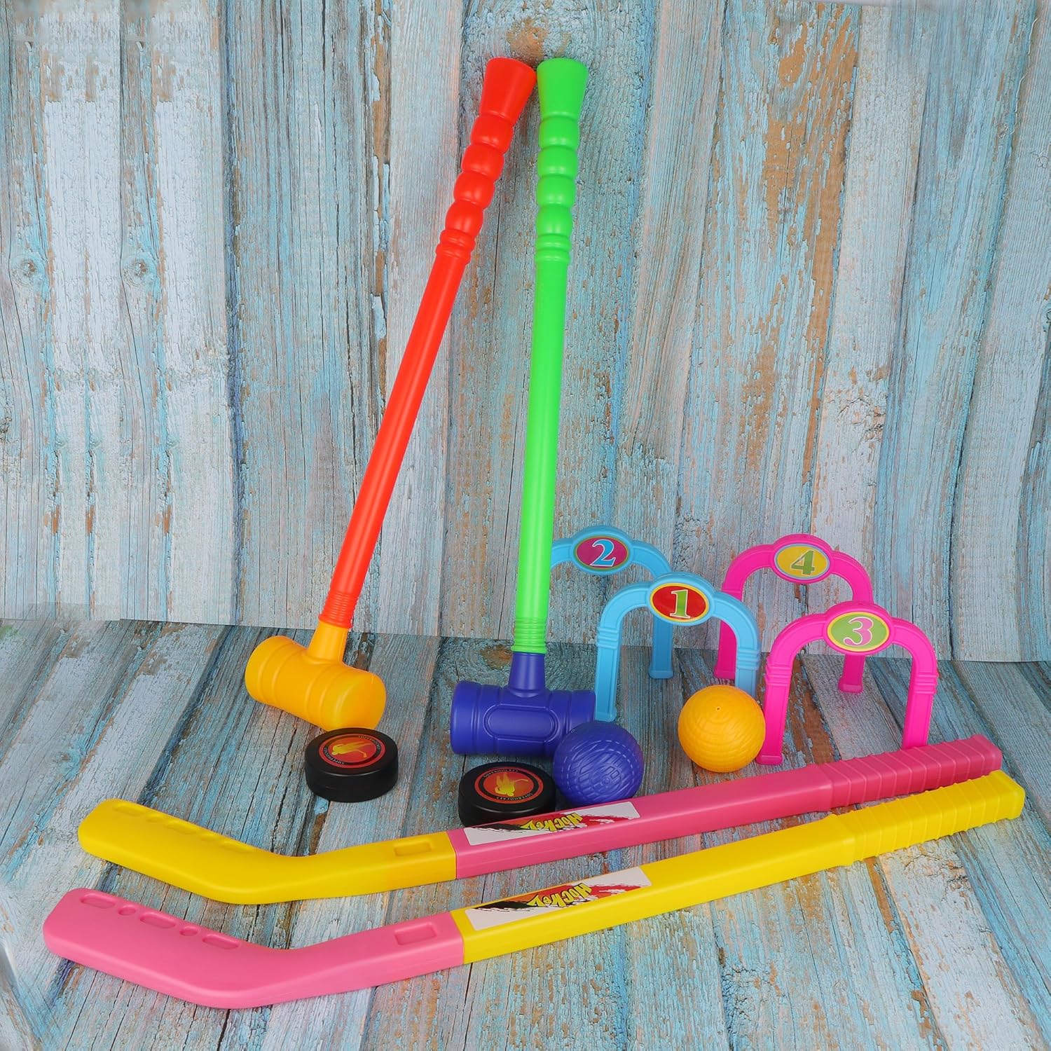 Outdoor Games and Team Sports Set Including Cricket,Croquet, Hockey,Golf with Balls,Wickets, Stumps for Lawn,Backyard,Park