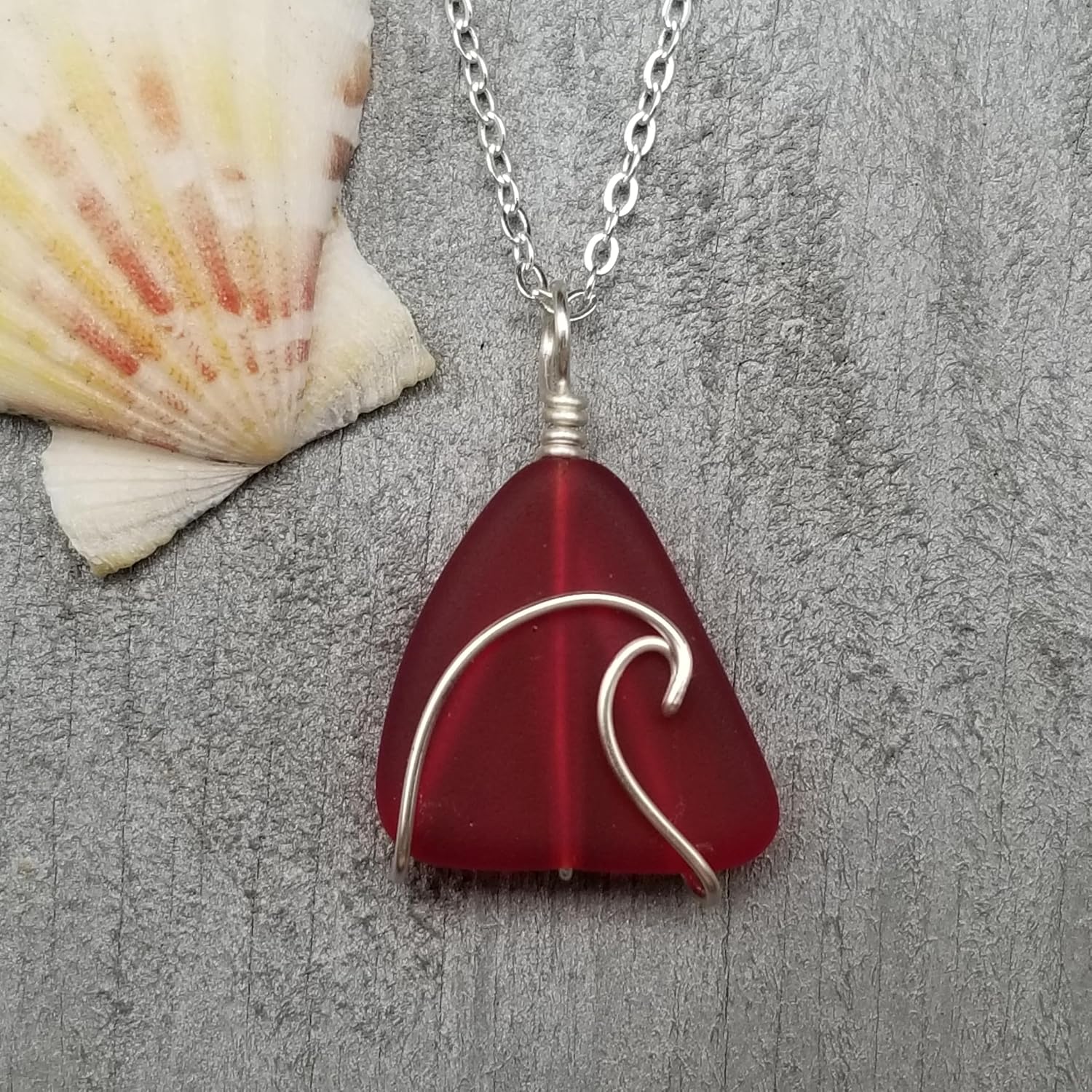 Handmade in Hawaii, wire wrapped ocean wave sea glass necklace, (Hawaii Gift Wrapped, Customizable Gift Message)