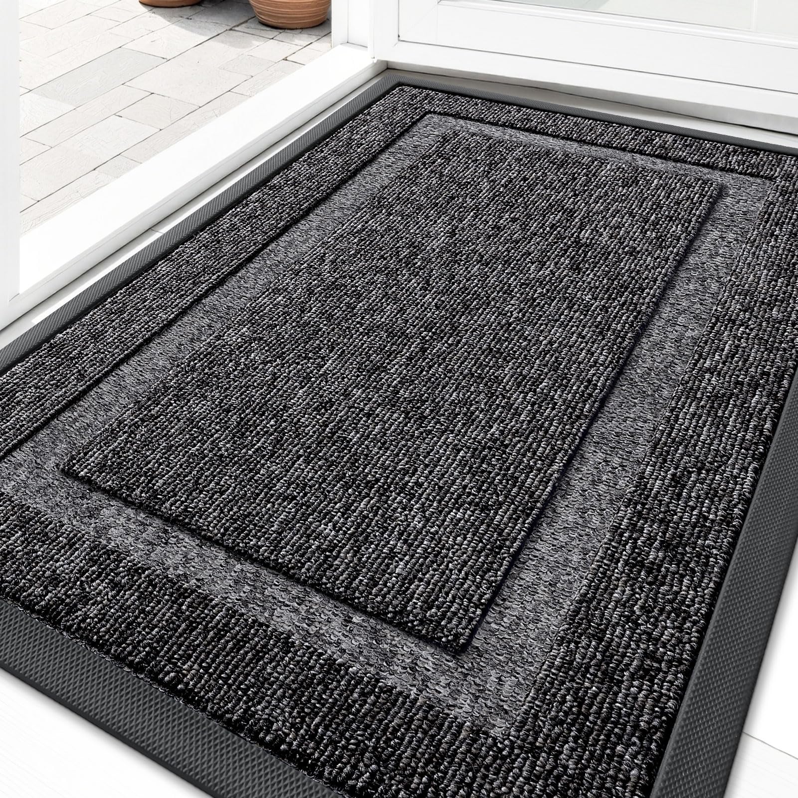 OLANLY Front Door Mat Outside 33x21, All-Season Heavy-Duty Rubber Doormat | Black and White, Absorbent, Stain and Fade Resistant, Non-Slip Backing, Low-Profile Indoor Outdoor Floor Mat for Entryway