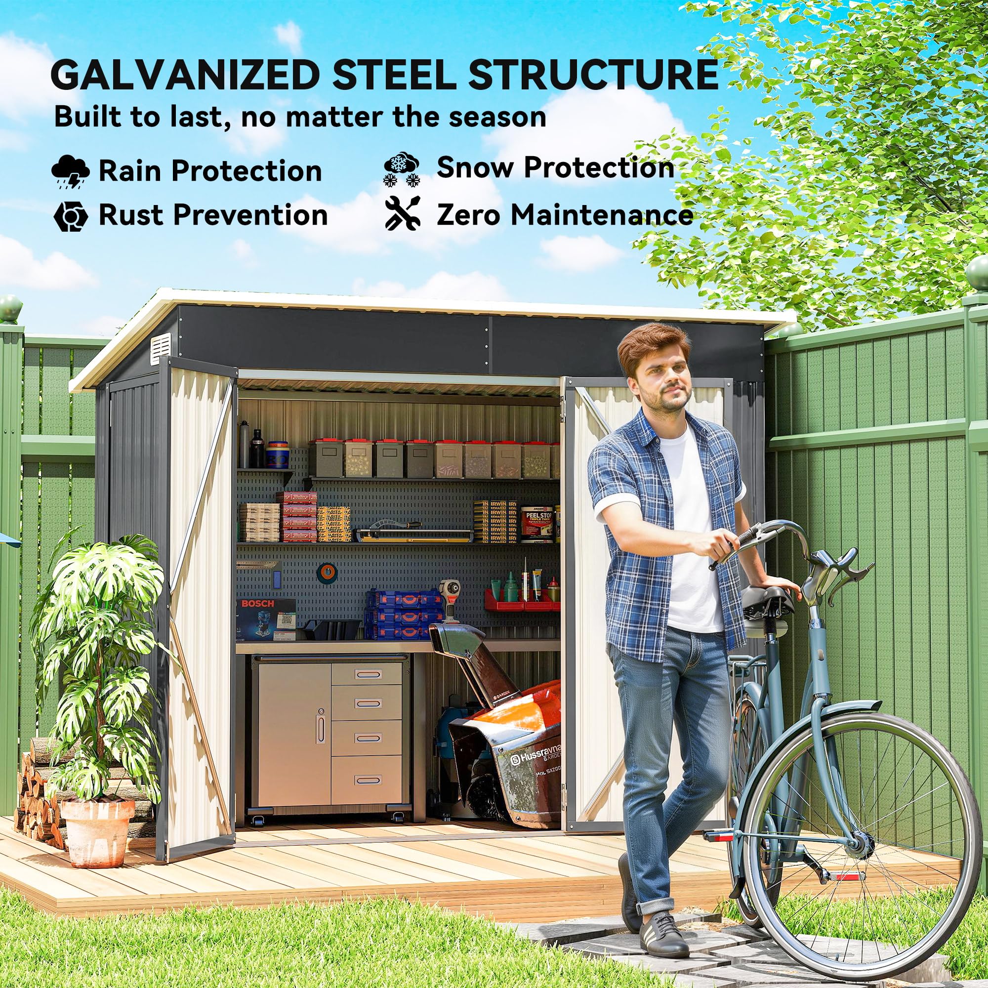 Outsunny 7.5 x 4.3ft Metal Garden Storage Shed, Waterproof Outdoor Shed with Triple Lockable Door, Gloves, Vents and Pitched Roof, Tools Bike Storage for Garden, Patio, Courtyard, Dark Grey — view 4