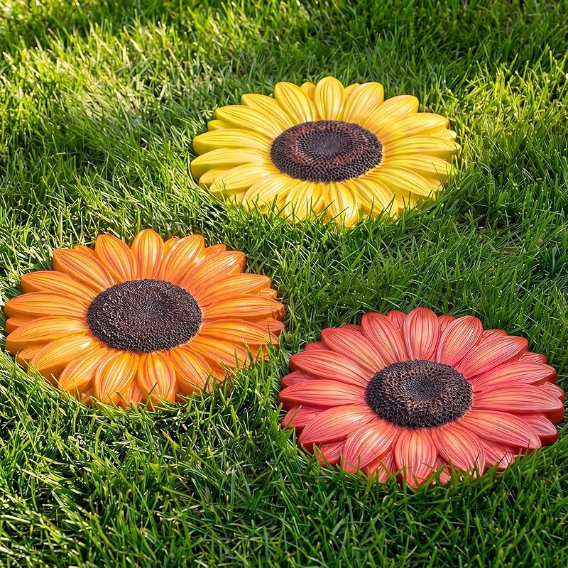 Cinnvoice 3 Pack Garden Stepping Stone Outdoor, Decorative Dimensional Resin Stepping Stones for Patio Pathway Landscaping Walkway Sculpture Yard Backyard Lawn(Sunflower,10 Inches)