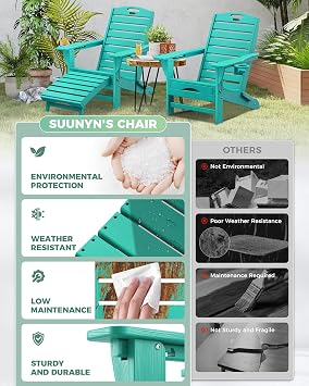Adjustable Adirondack Chairs with Retractable Ottoman, HDPE Folding Adirondack Chair with 2 Cup Holders,Weather Resistant for Backyard, Poolside & Fire Pit (Lake Blue)