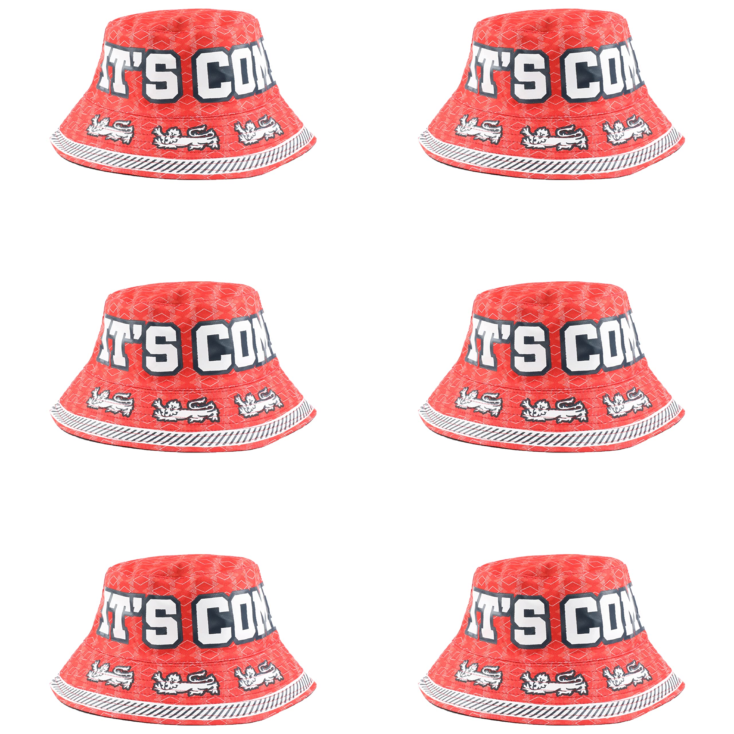 Red England Bucket Hat Featuring Three Lions and It's Coming Home Print - English Football World Cup and Euro Supporter Accessory - Patriotic Fancy Dress for Match Day and National Holidays