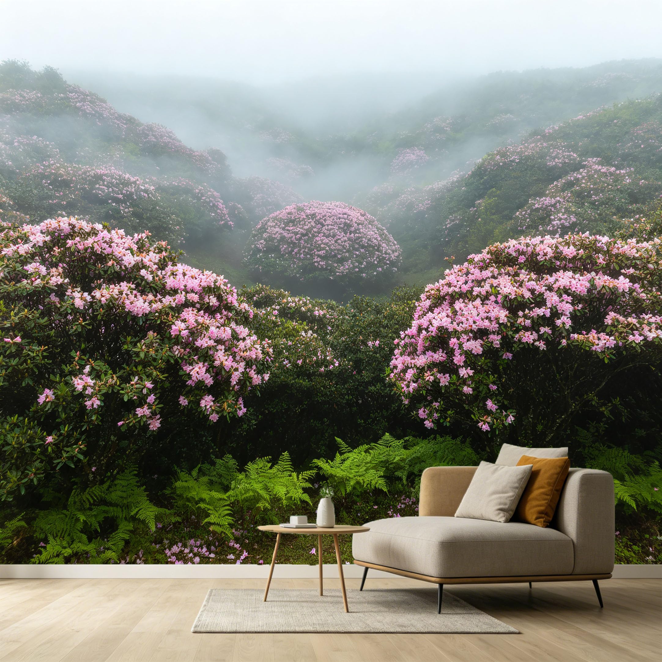Custom Size Wall Murals Botanical Landscape Misty Mountain Pink Blossom Self-Adhesive Wall Fabric Removable Wallpaper Wall for Living Room Bedroom Office Decor