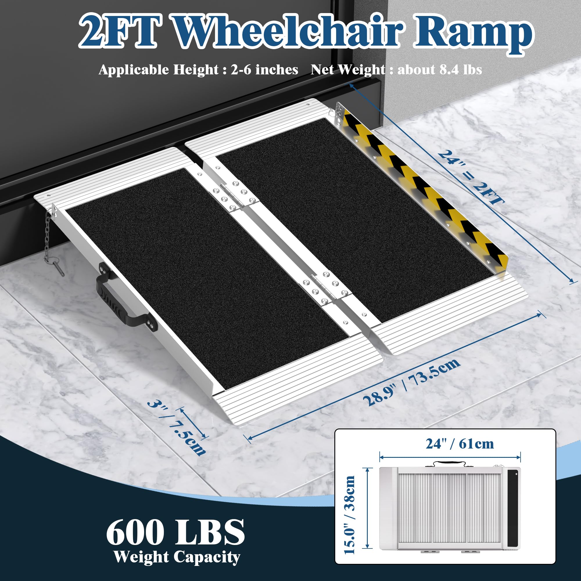 Rampa plegable portátil de aluminio para silla de ruedas, 24 x 29 x 2 pulgadas, capacidad de 600 libras, con almohadillas de tracción de goma y bisagras de acero inoxidable