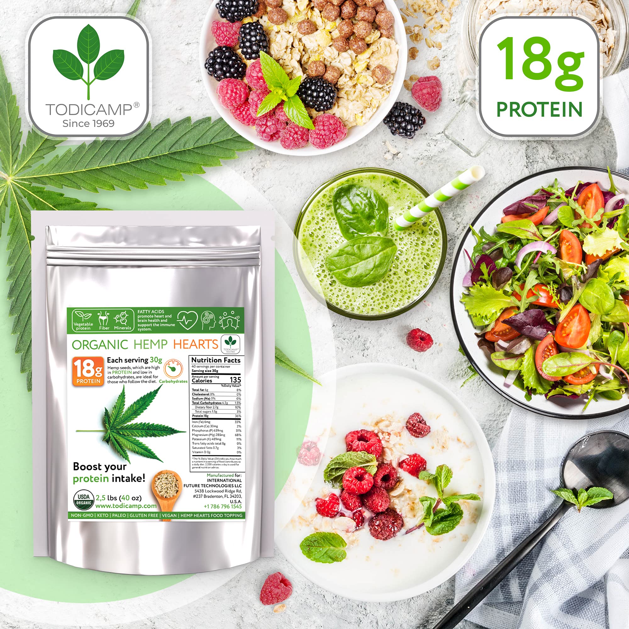 2.5 lb Organic Hemp Hearts by Todicamp 40oz Raw Shelled Hemp Seeds