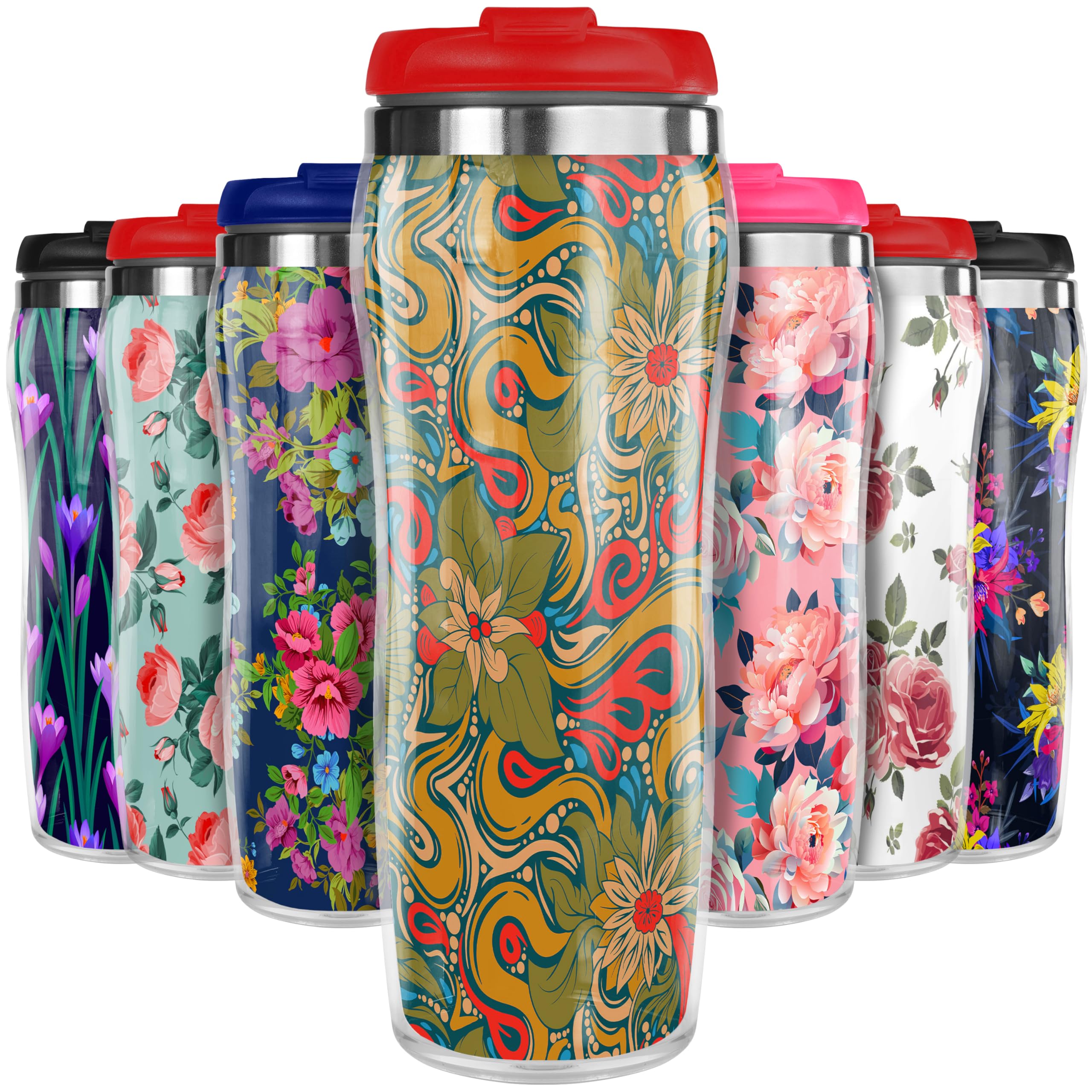 Pixly® Cultural Batik Pattern of Flowers and Leaves Thermal Travel Mug Coffee Tea Flask, 400ml/14oz Capacity, Flower, Floral Pattern - Floral Batik