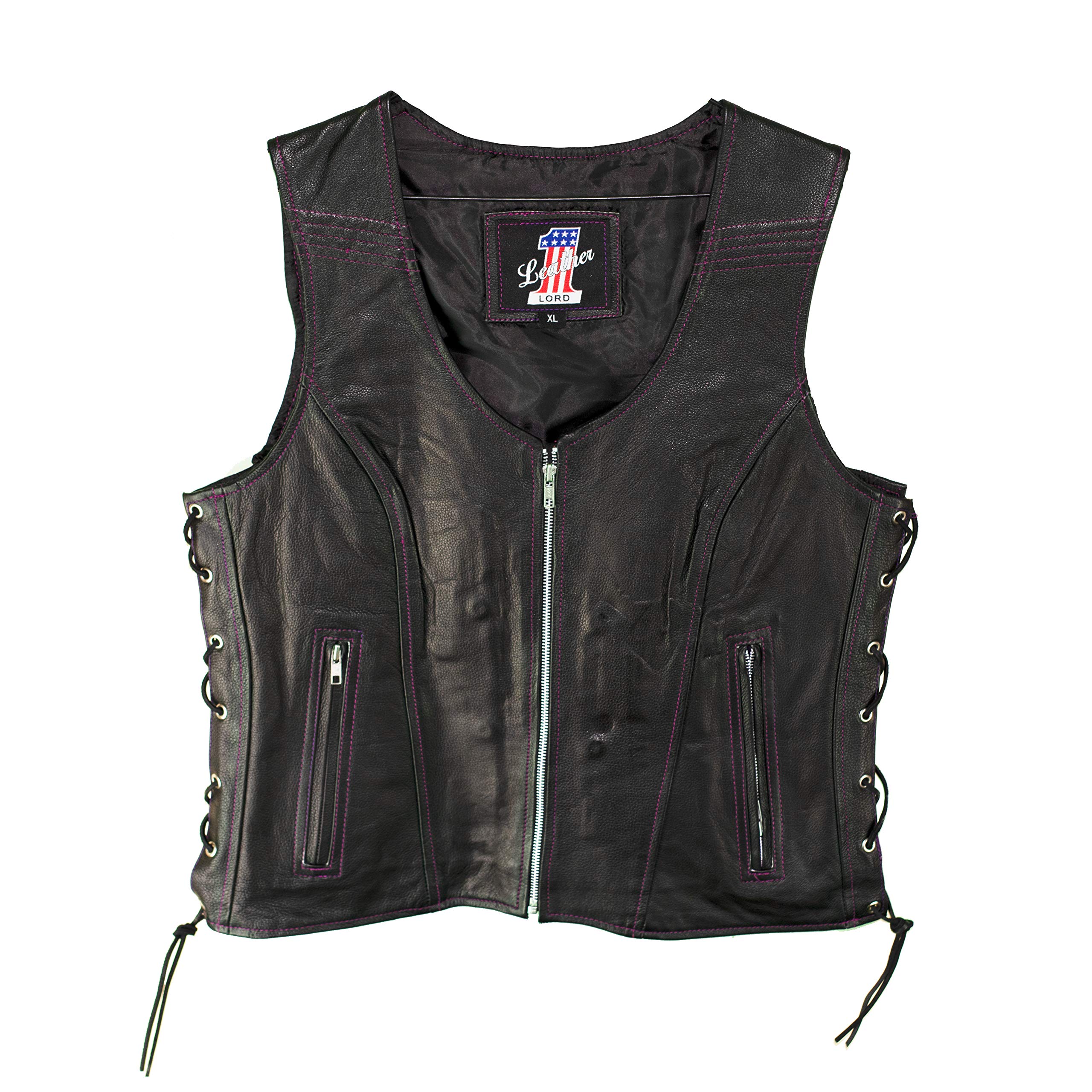 IKLeather Women Biker Club Leather Vest (Pink Stitching, XXL)