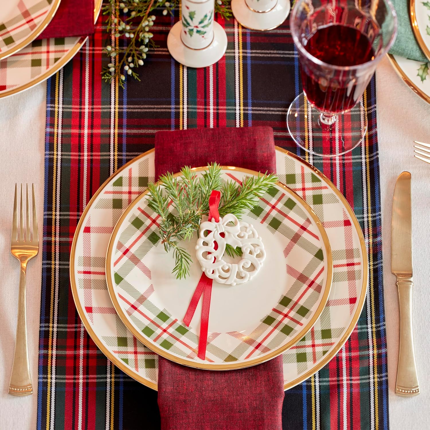 Lenox 894964 Holiday Plaid Accent Plates, Set of 4, Red & Green, Christmas Dinnerware, Hosting