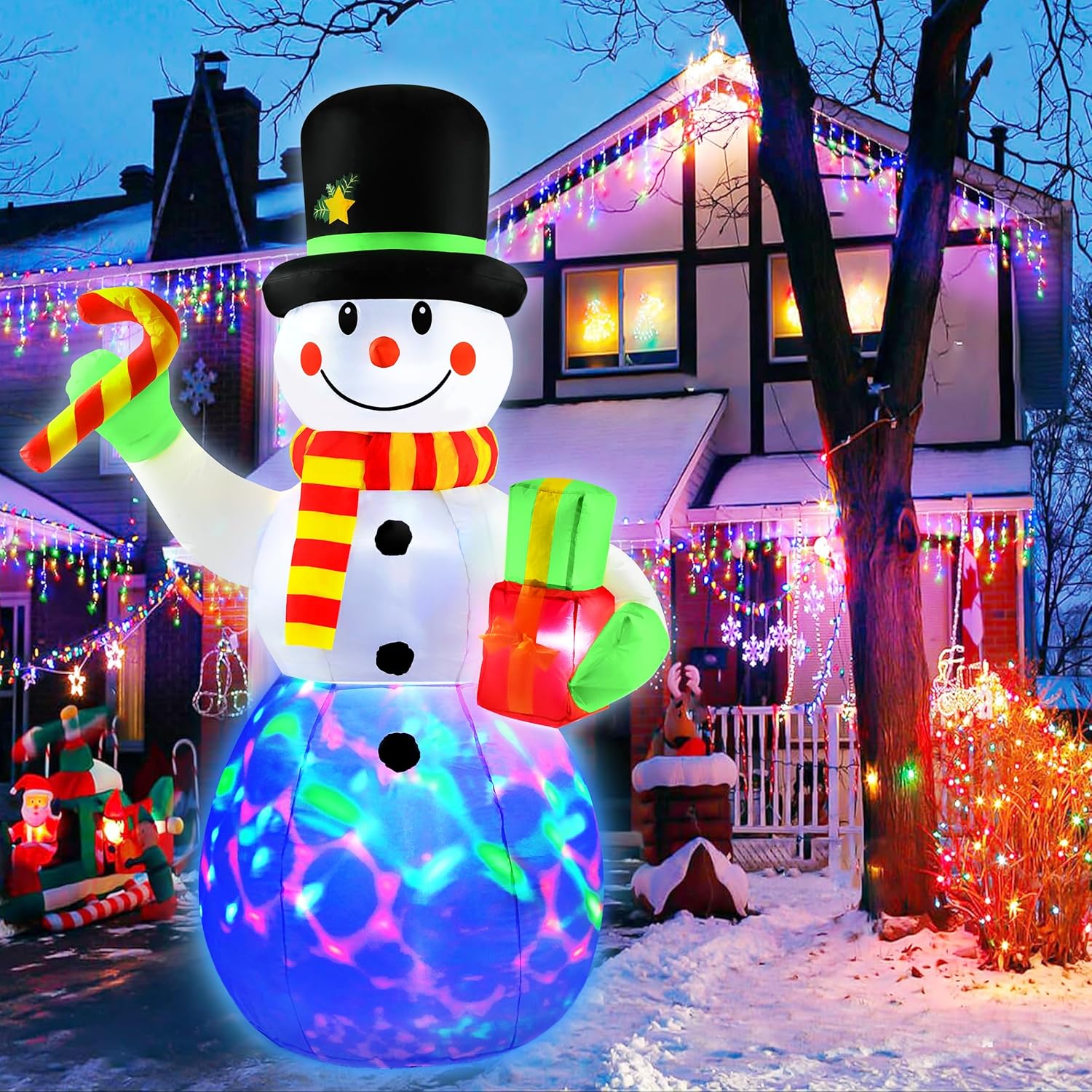 7 FT Christmas Inflatables Snowman Outdoor Decorations with Candy Cane Gift Box, Blow up Snowman Yard Decor Bright Colorful Rotating LED, Weatherproof Holiday for Garden Patio Lawn Party Xmas Gifts