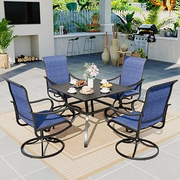 Sophia & William Outdoor Patio Dining Set 5 Pieces, 4 x Textilene Swivel Patio Chairs with Padded and 37" Square Metal Dining Table, Outdoor Table and Chair Set for Lawn Garden Blue