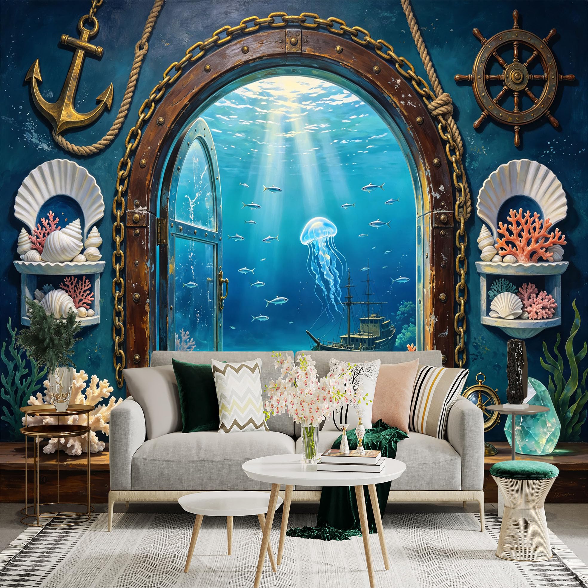 Custom Size Wall Sticker Mural， Nautical Underwater Ocean View， Coral Reef and Jellyfish， for wall Decoration， peelandstick wall Decals.