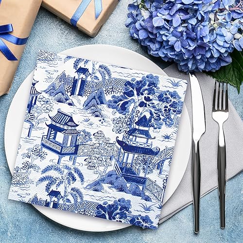 Miniatura 6 de AnyDesign - 80 servilletas de papel toscanas de 6.5 pulgadas, servilletas de papel desechables de color azul y blanco, servilletas de cena