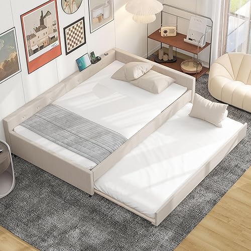 Miniatura 61 de SOFTSEA Marco de sofá cama simple para sala de estar, sofá cama tapizado de tamaño matrimonial con colchón de funda de lino, respaldo y Beige,Beige