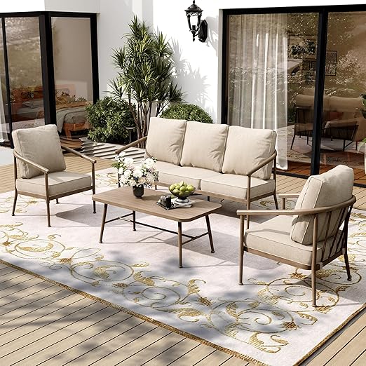 4 Piece Metal Outdoor Patio Furniture Sets, Unique Windsor Style Patio Conversation Sets 1 3-Seater Sofa, 2 Single Sofas and Coffee Table with 5.75
