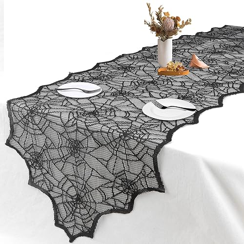 Camino de mesa para decoración de Halloween, camino de mesa de tela de araña de encaje negro para decoración de mesa de Halloween, 18 x 72 pulgadas,