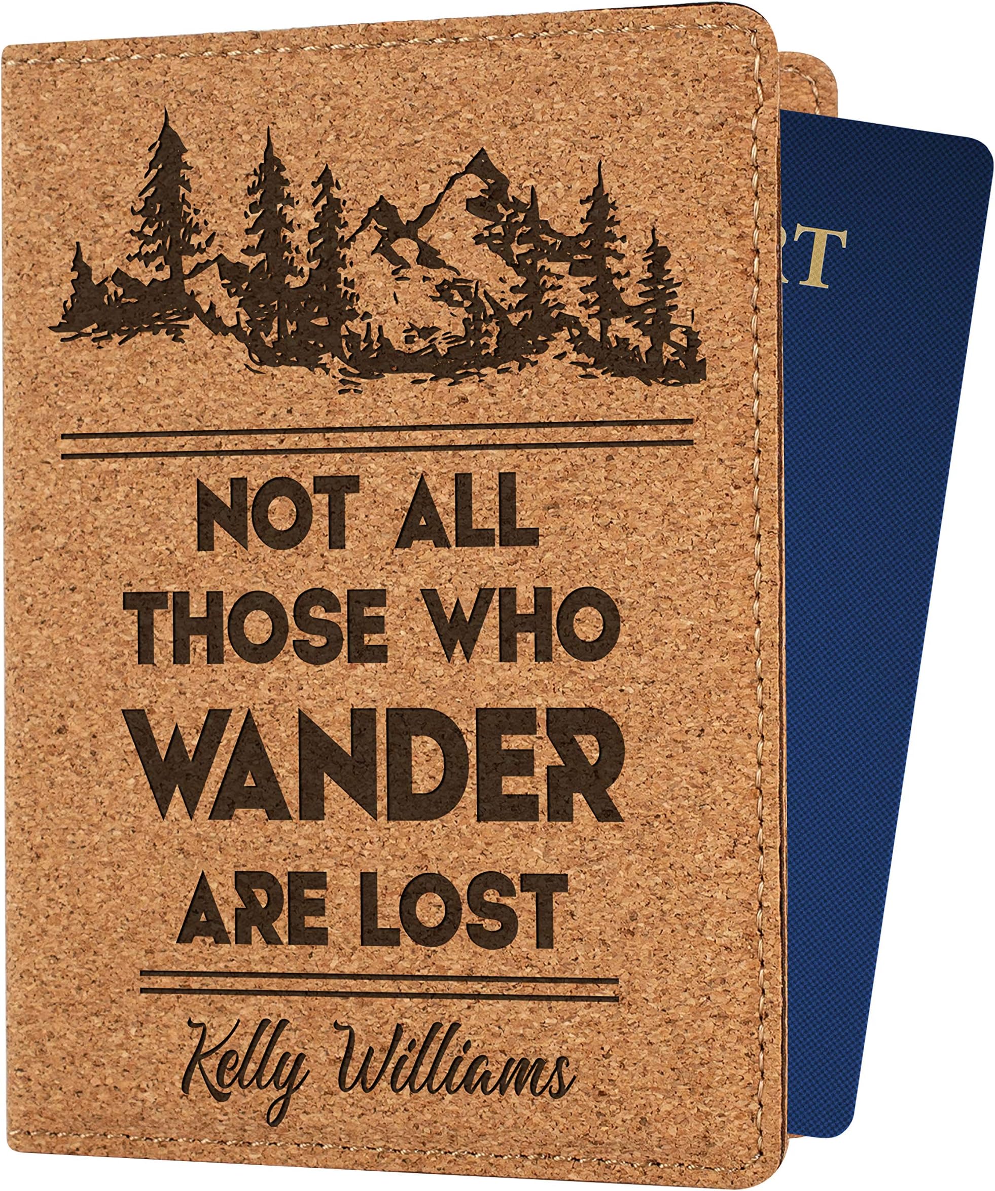 Personalized Passport Holder w Name and Quote - Custom Engraved Leather Passport Cover for Women and Men - Gifts for Travelers, Honeymoon, Travel Gifts | Cork