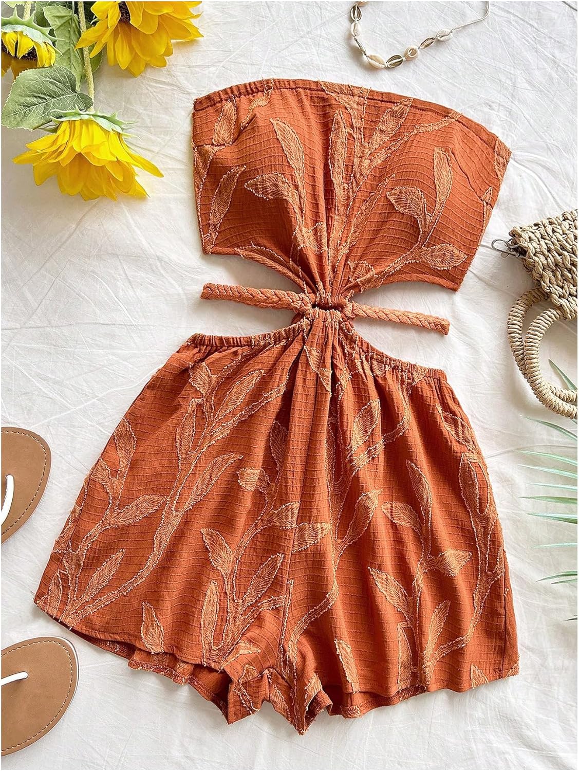 SweatyRocks Women's Boho Cutout Open Back Tie Tube Rompers Summer Strapless Shorts Jumpsuit - Image 3