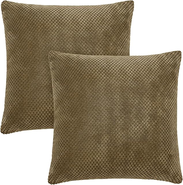 Amazon Brand - Umi Decorative Cushion Covers 45 x 45 Velvet Pillow Cases for Sofa Bedroom with Invisible Zipper 18 x 18 Inch Khaki 45 x 45 cm Set of 2