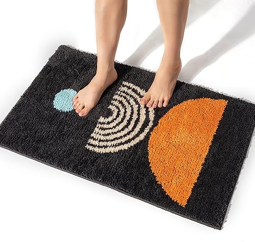 Tapetes de baño bohemios, antideslizantes, abstractos, de microfibra, bonitos, color negro, lavables para tubo, lavabo, inodoro (negro y amanecer,