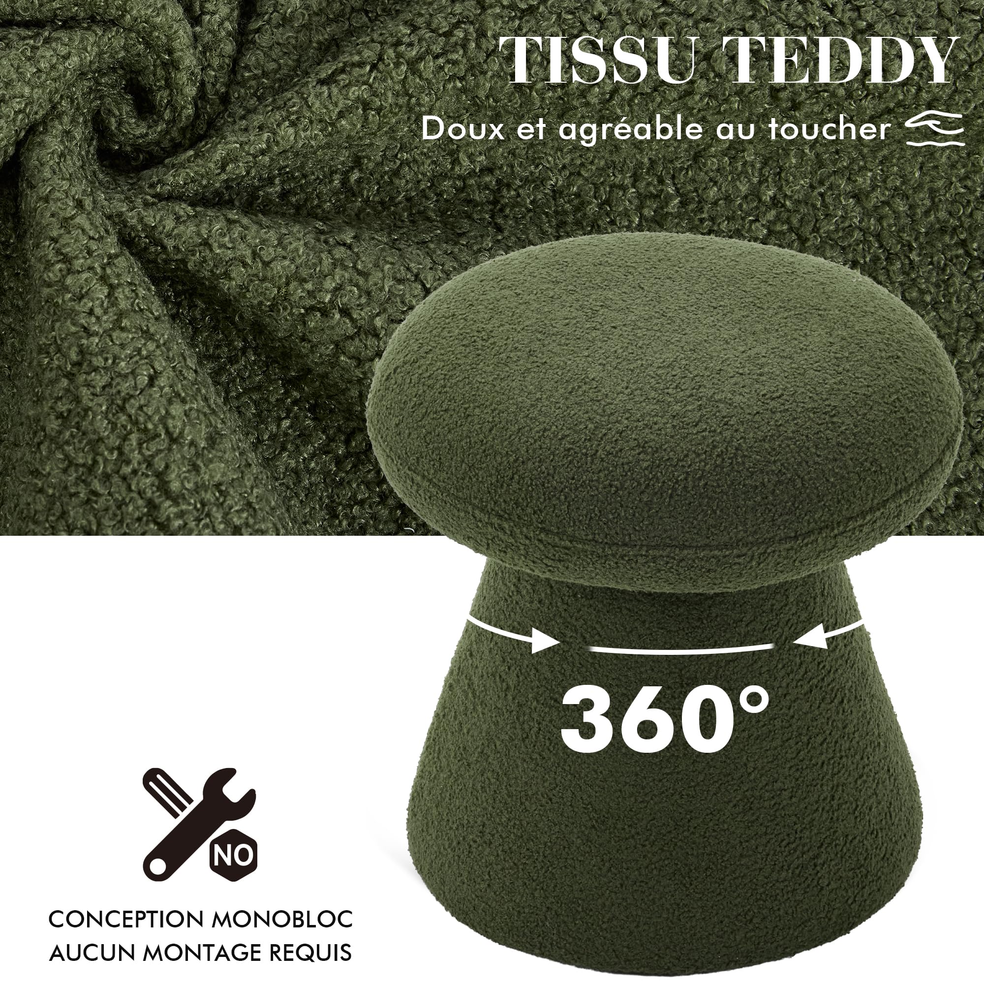 DEKKETO Tabouret de Coiffeuse Pivotant 360°, Pouf Rond Repose-Pieds Salon, Chaise Maquillage Moderne en Tissu Bouclette, Siège Rembourré Confortable pour Chambre, Dressing, Entrée, Vert