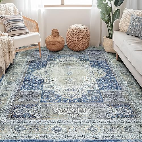 BESTSWEETIE Alfombras de área antideslizantes de 5 x 7 pies, lavables, 5 x 7, vintage, para dormitorio, sala de estar, comedor, sin pelo, color azul