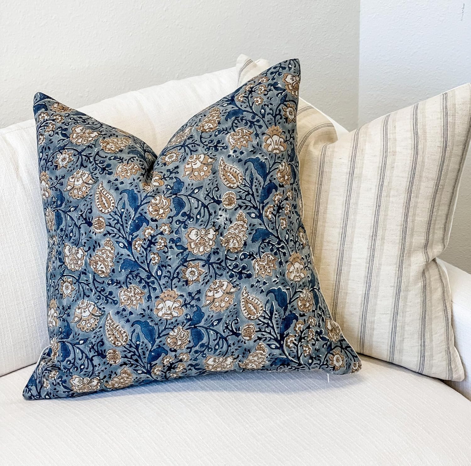 Designer Floral Print on Natural Linen Pillow Cover, Grey Blue and Beige Pillow Cover, Boho Pillow, Blue Pillow, Floral Throw Pillow Cover (Navy Blue Gray and Tan Biege, 14"x20")