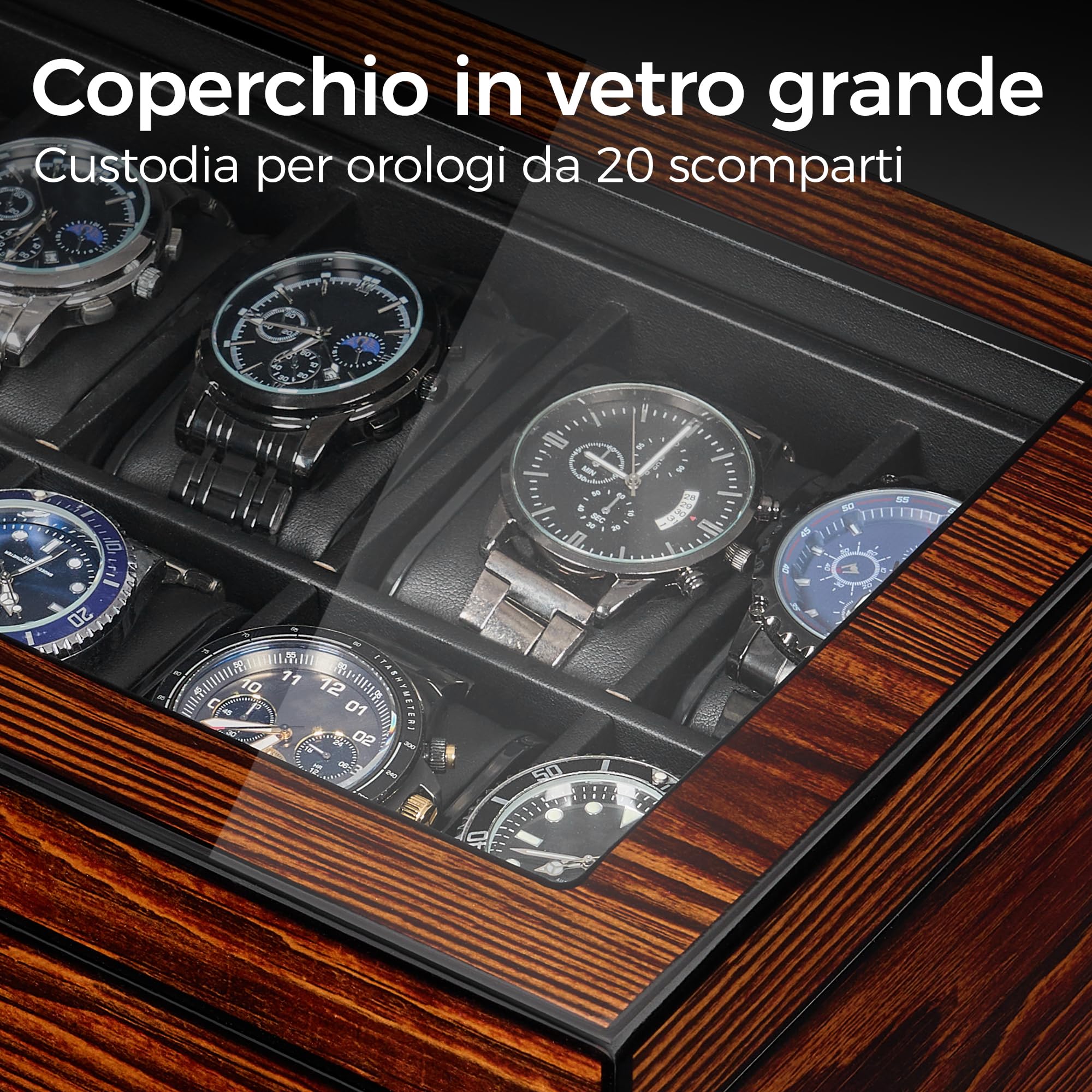 BEWISHOME Scatola per Orologi Portaorologi Uomo con 20 Scomparti Marrone | Lusso Scatola per Orologi con Coperchio in Vetro e Cuscinetti Rimovibili,Interno in Pelle Sintetica Liscia,Idea Regalo