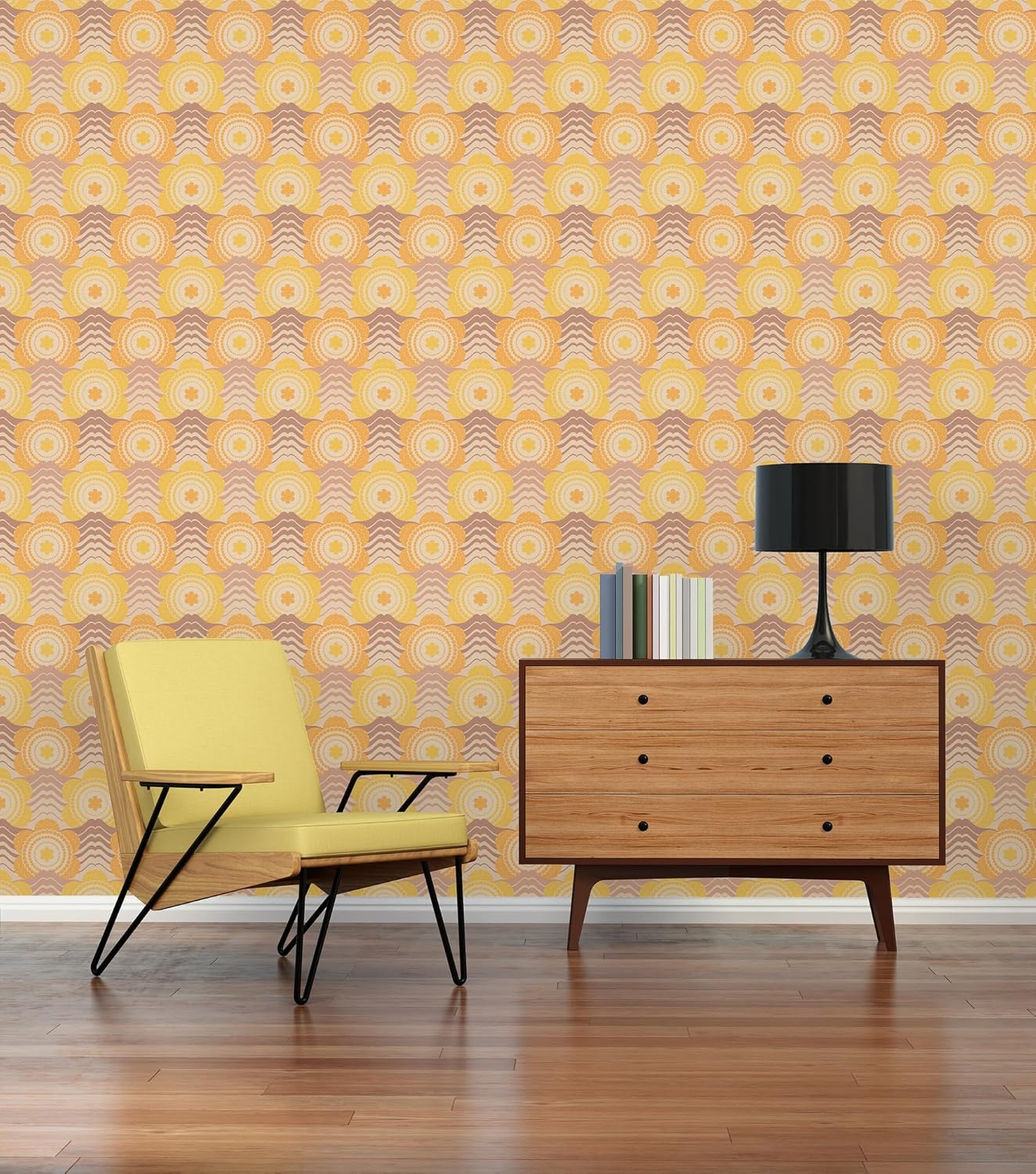 A.S. Création Retro 70's Floral Wave Wallpaper Beige/Brown/Orange/Yellow Retro Chic 395395 8.50m x 0.53m Paste The Wall