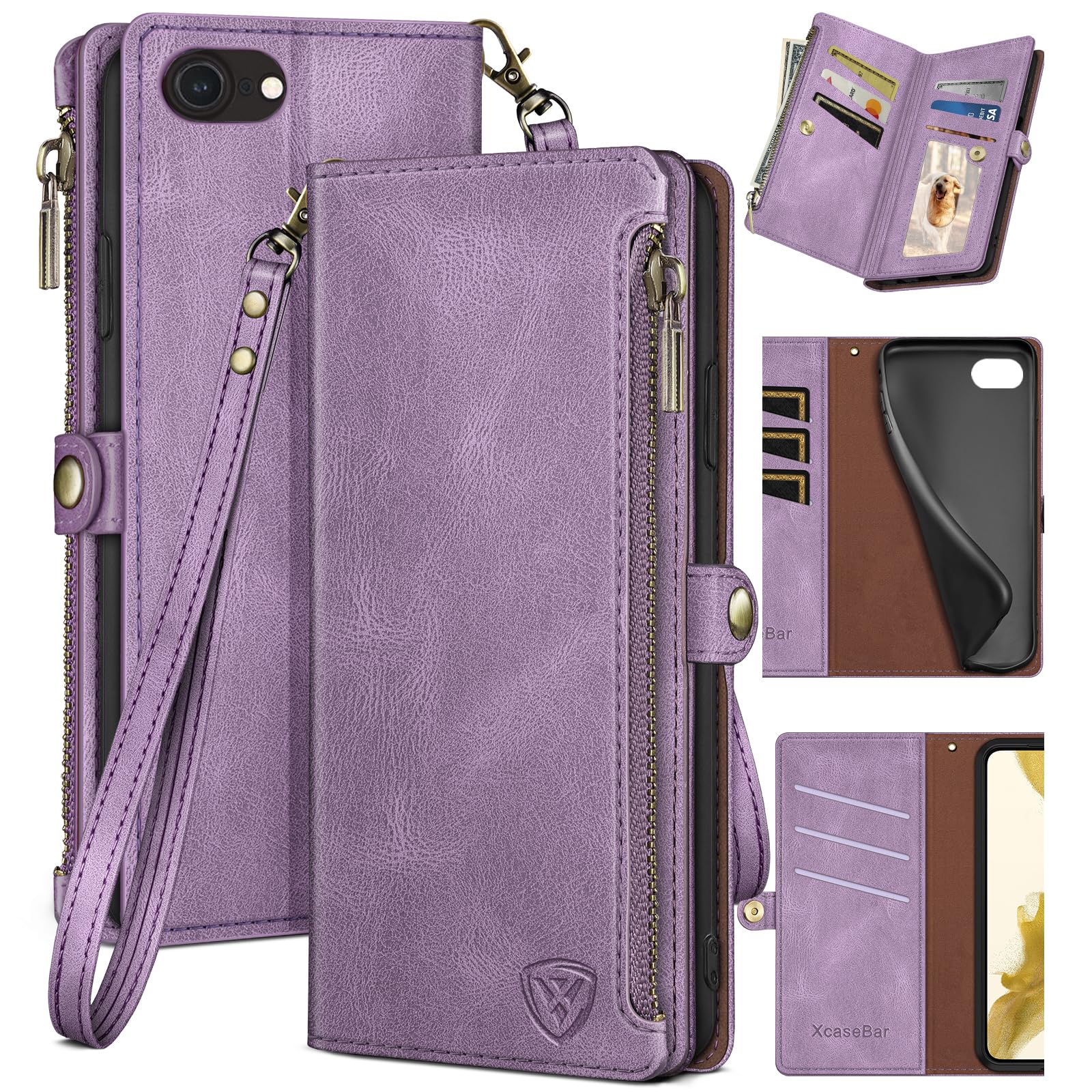 XcaseBar for iPhone SE 3rd/7/8 Wallet case with Zipper Credit Card Holder?RFID Blocking?, Flip Folio Book PU Leather Phone case Shockproof Cover Women Men for Apple SE case Lilac Purple
