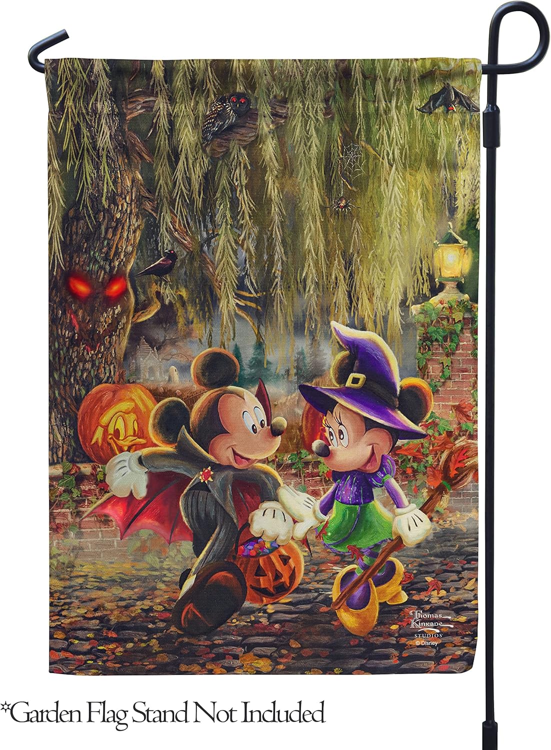 Flagology, Thomas Kinkade Disney, Mickey and Minnie Halloween Fun – Garden Flag 12" x 18", Outdoor Flag, Exclusive Premium Fabric, Licensed Thomas Kinkade Disney, Halloween