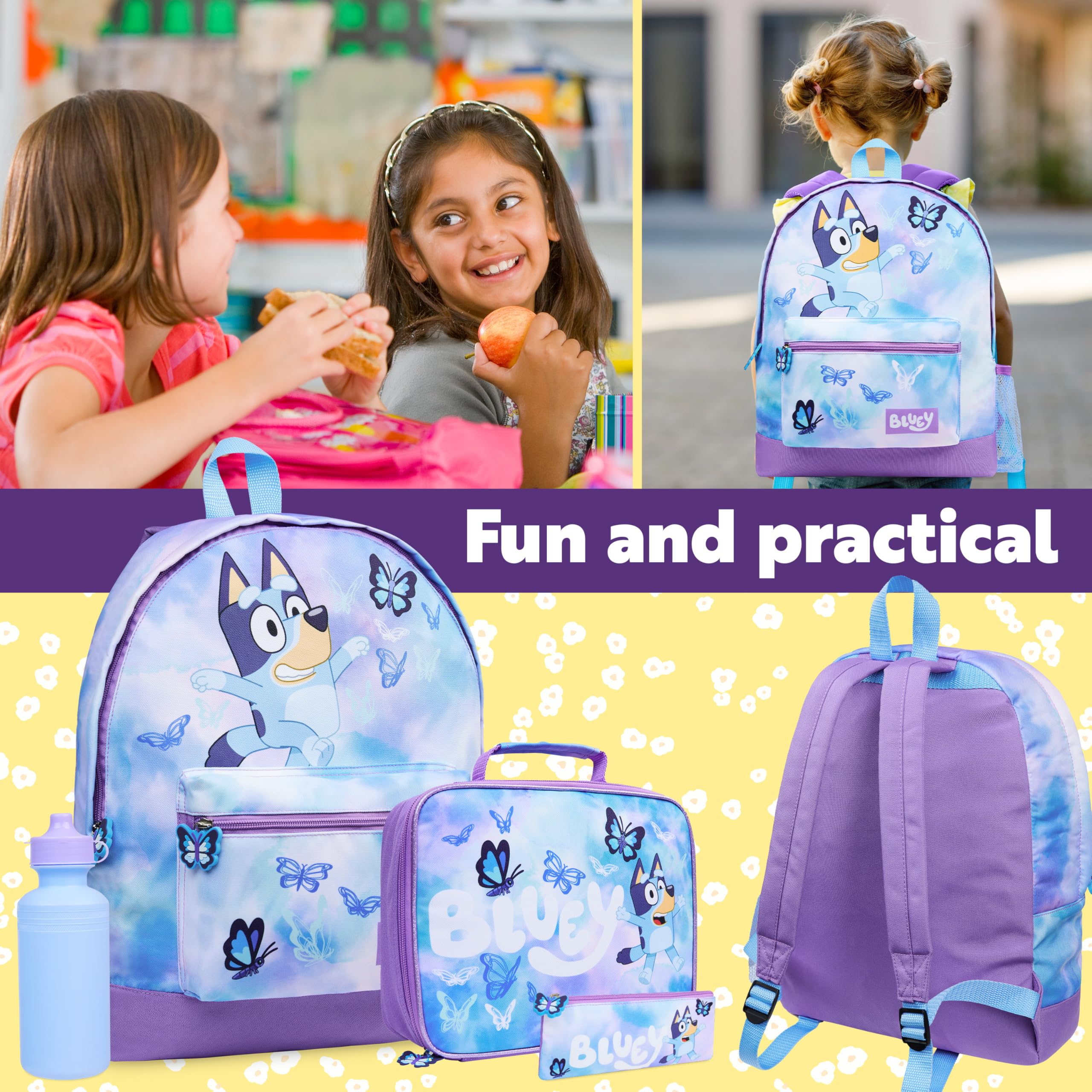 Bluey Mochilas Escolares Set de Mochila Escolar Guarderia 4 Piezas con Botella Agua Estuche Escolar Bolso Deporte o Bolsa Almuerzo Mariposa