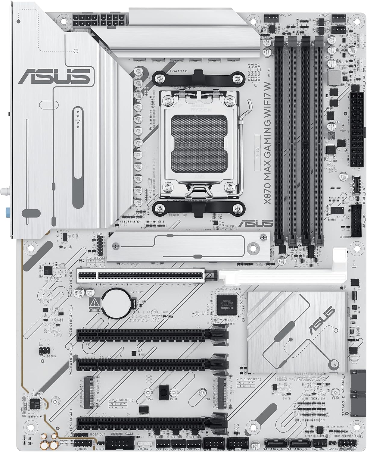 X870 MAX GAMING WIFI7 W, Scheda Madre AMD ATX, 12+2+1 Stadi di Alimentazione, Slot DDR5, Tre Slot M.2, PCIe 5.0, WiFi 7 con Q-Antenna, Ethernet Realtek 2,5Gb, HDMI, USB4 con USB-C, Aura Sync