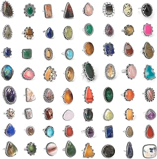 SilverCarats 10-Pc Chunky Silver Plated Gemstone Rings Set for Women - Stackable Statement Gothic Vintage Knuckle Rings US 6-10