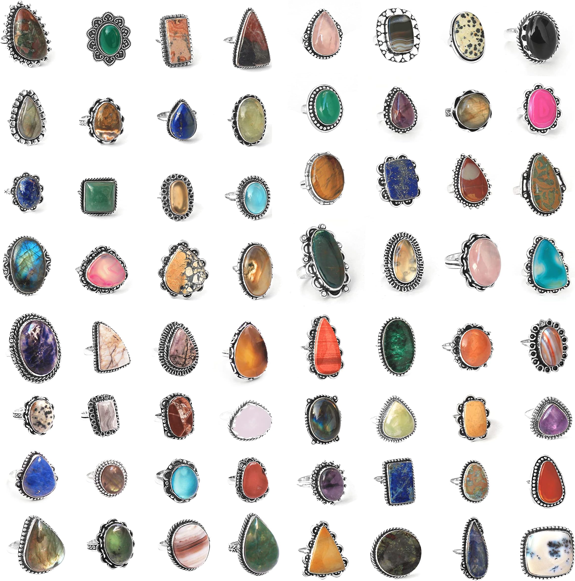 Chunky Silver Rings Pack for Women - 20 Pcs - Stackable Fashion Ring Set, Silver Plated Statement Knuckle Handmade Gemstone Gothic Vintage Rings for Girls (GB Size L to U)