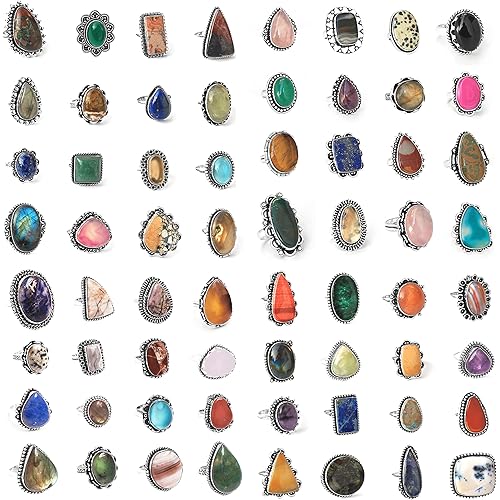 Carats Chunky Silver Rings Pack for Women - 10 Pcs - Stackable Fashion Ring Set, Silver Plated Statement Knuckle Handmade Gemstone Gothic Vintage Rings for Women