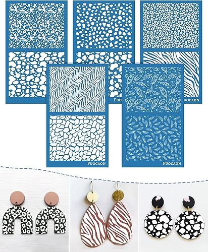 Puocaon Pantalla de seda con estampado de animales, 5 plantillas de punto de vaca dálmatas para aretes de arcilla polimérica, patrón de leopardo y