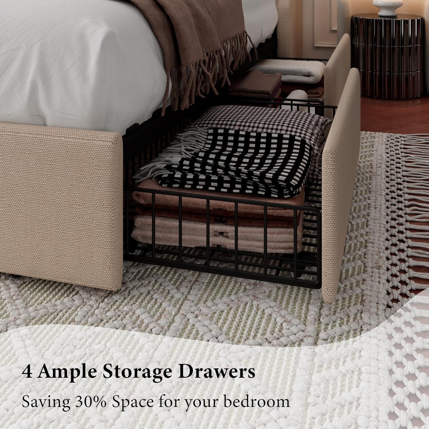 Close-up of an open storage drawer under the bed, filled with folded blankets and clothes